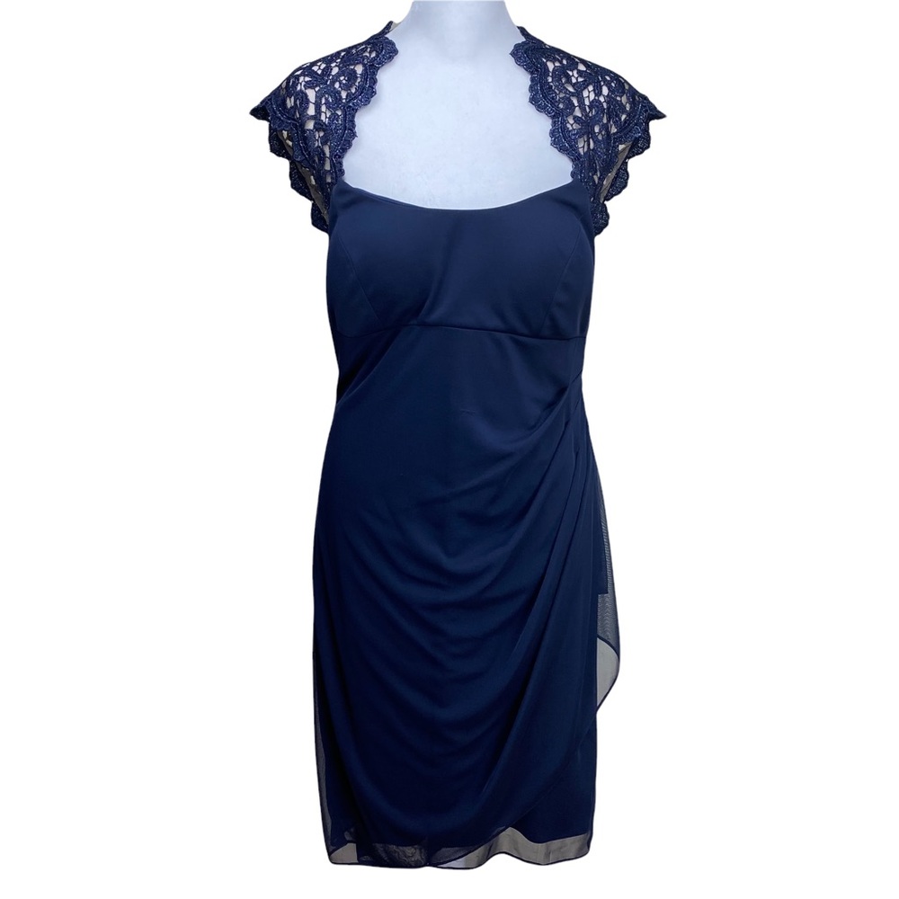 Xscape Women's Dress Navy Blue Size 10 Embellished Silver Sparkle Shoulder Dress